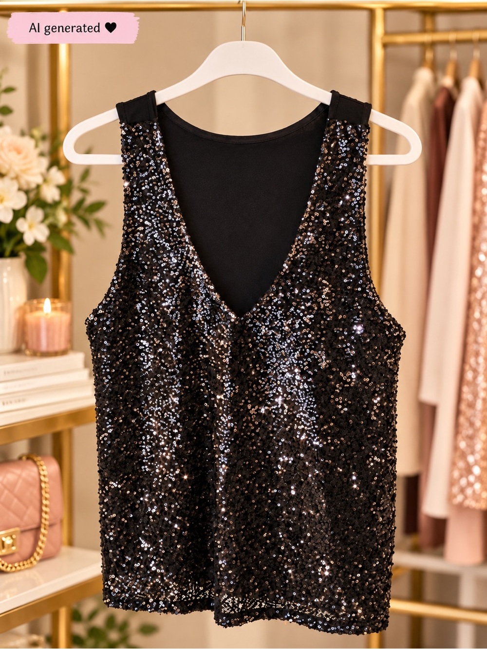 BB Dakota Black Sequin V-Neck Tank Top Party Sleeveless M